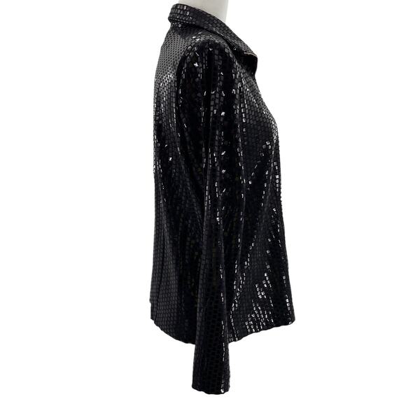Exclusively Misook Black Square Pattern Shiny Full Zip Jacket Women Sz S - Picture 2 of 12